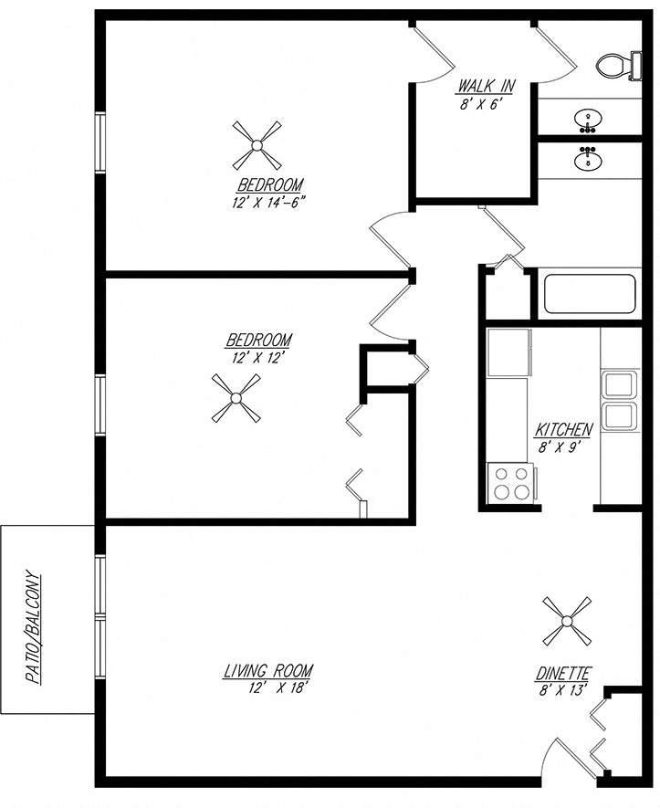 Floor plan for 2 beds, 1.5 baths, 967 sqft